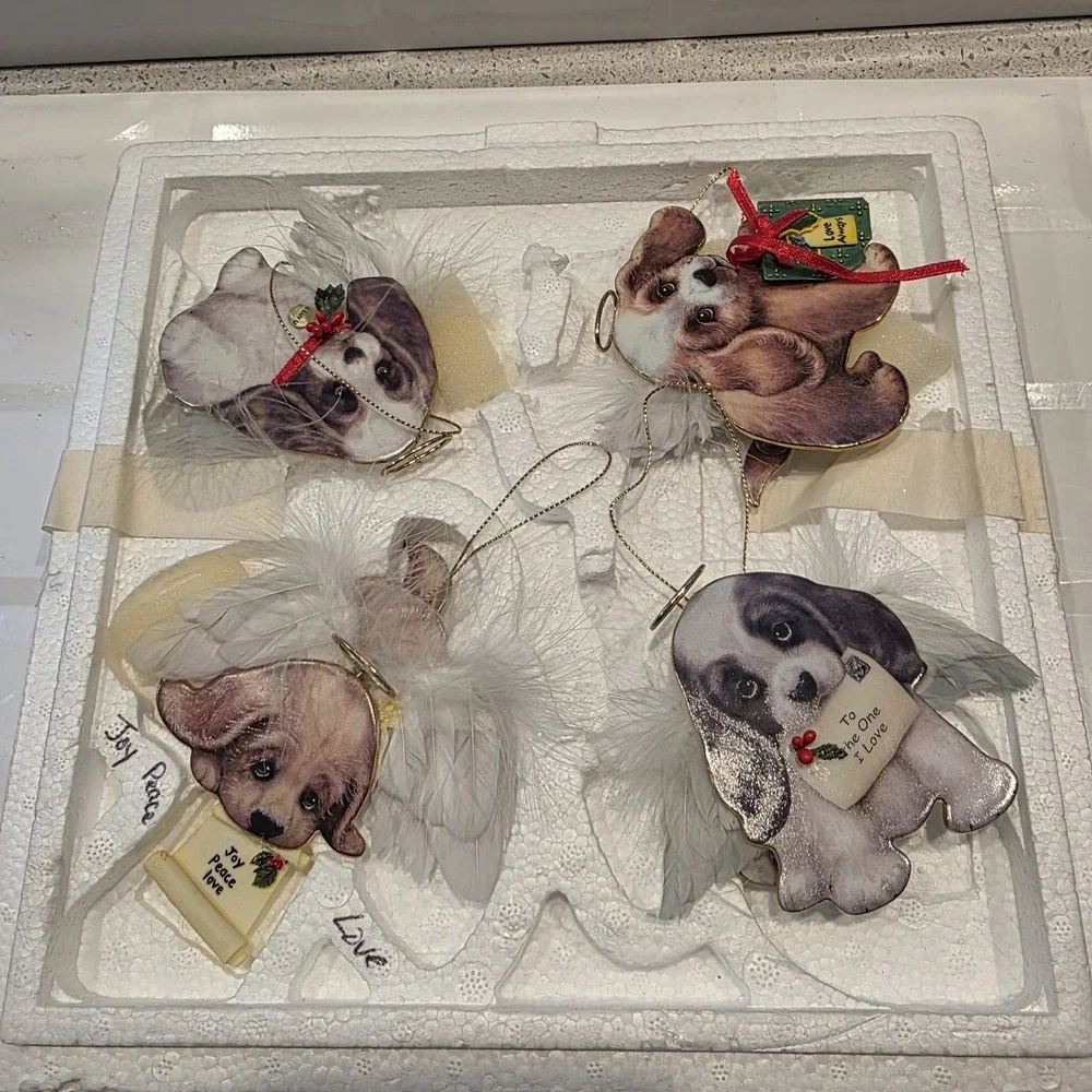 The Bradford Editions Heavenly Waggn Tails Angel Dog Porcelain Ornaments 4pc